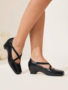 CUCCOO CHICEST Women's Square Toe PU Leather Criss-Cross Strap Ballet Shoes, Black, Minimalist & Versatile For Daily Wear And Commute Wedding Shoes Spring Shoes Bride Shoes - Black - View 4