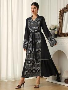 Al Najma Đầm maxi Thổ Nhĩ Kỳ thanh lịch, kín đáo với họa tiết chắp vá cổ chữ V dành cho nữ và áo Abaya truyền thống Ả Rập. - màu đen - Xem 4