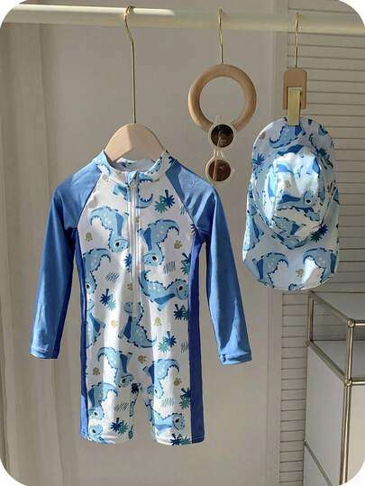 SHEIN 2件套男童可爱卡通印花撞色长袖防晒泳衣及泳帽套装，适合海滩、泳池、春夏穿着