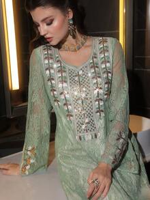 SHEIN Najma Luxurious Embroidered Beaded Loose Fit Party Maxi Dress, Turkish & Arabic Traditional Style - Green - View 1
