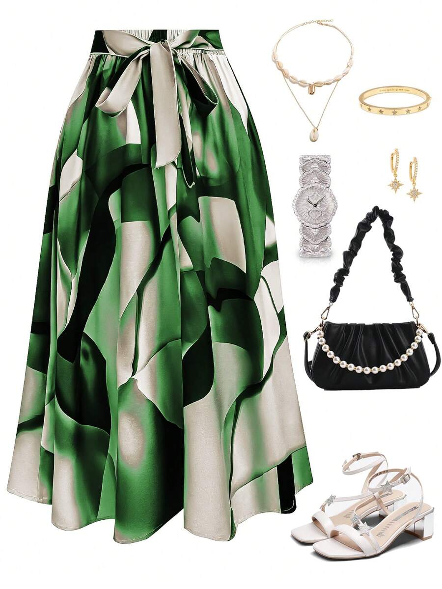 Franclia 加大码前系带全印花半身裙，休闲日常穿着长款女装，祖母绿，绿色，适合女性，绿色，度假丛林主题，哈瓦那之夜 - 綠色 - 查看 1