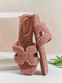 SHUZIA 女士纯色平底毛茸茸凉鞋万圣节圣诞节秋冬 - 杏色 - 查看 9