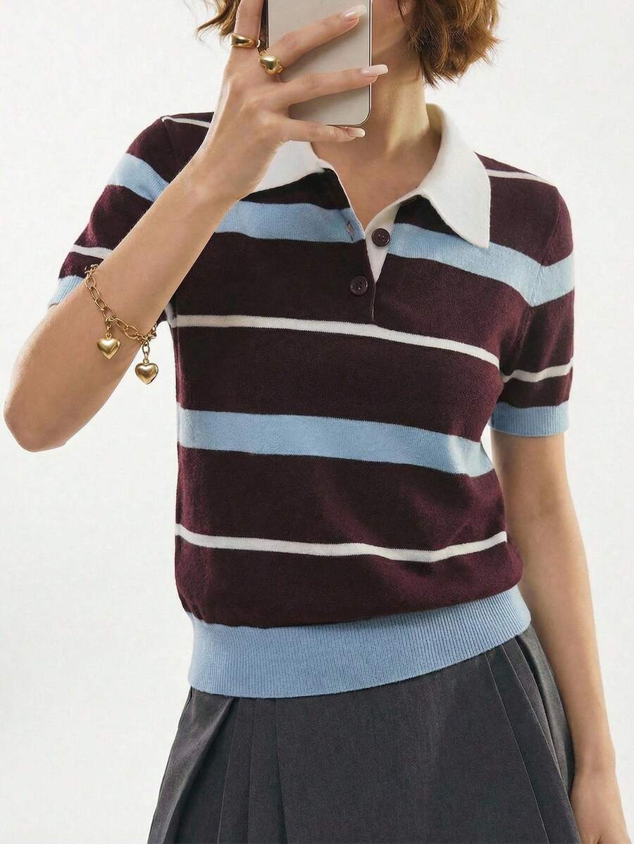 Poéselle Áo Polo nữ dệt kim kẻ sọc cổ điển, tay ngắn, cổ bẻ, kiểu dáng Preppy Tenniscore, áo polo dệt kim kẻ sọc, phong cách Preppy, Tennis-Core, áo kẻ sọc retro, áo dệt kim tay ngắn, áo len cổ bẻ, áo polo Y2K, áo dệt kim kiểu dáng thể thao, áo dệt kim tay ngắn phối màu kẻ sọc, áo mùa hè, áo mùa xuân, áo đi nghỉ lễ. - Cà phê nâu - Xem 1