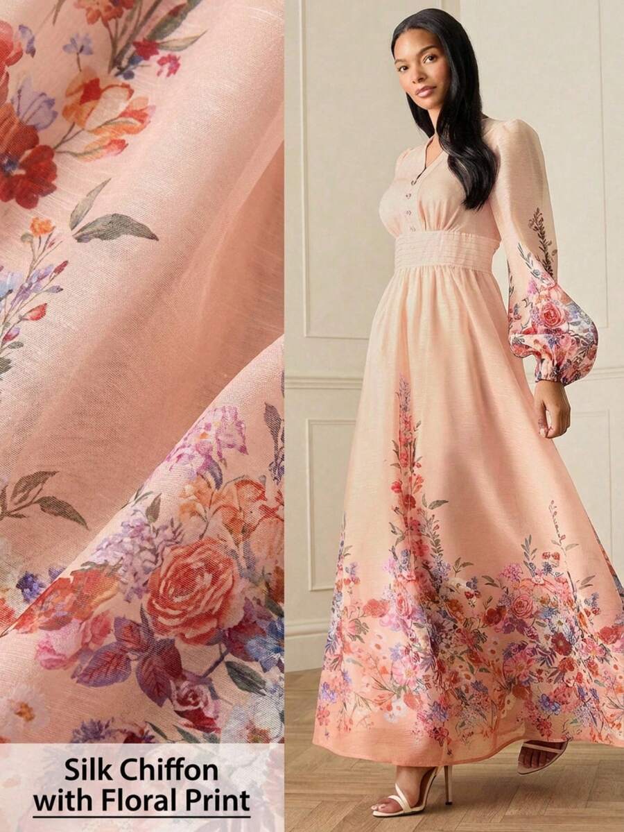 Lilora Elegant High-End Delicate Sheer Floral Print Waist Cinched V-Neck Rhinestone Decor Ruffle Hem Puff Sleeve Maxi Dress For Women,Old Money,2000s Style,Chinese Styles,Valentine's Day,Elegant Dresses For Women,Holiday Dress,Casual Dresses For Women,Valentine's Day,Festival Dress,Spring Outfit Women,Summer Holiday Outfits.