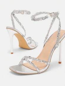 Glitzique 女士时尚高跟鞋：麂皮豹纹平底绑带凉鞋、裸色缠绕绑带凉鞋、简约方头凉鞋、黑色漆皮高跟凉鞋、细跟高跟凉鞋、夏季户外常规凉鞋、杏色女士凉鞋 - 銀色 - 查看 11