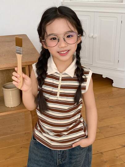 DAZY Girls (Small) Collared Knit Striped Fitted Vest