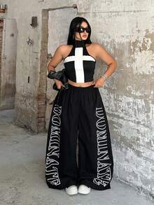 POPSWAY TreetHx Elastic Waist Pants Set, Letter Print, Women Street Style - Black - View 3