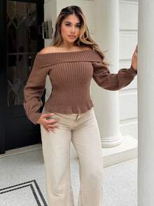 Maria Perezxox Grey Off Shoulder Turtleneck Long Sleeve Mini Dress, Loose Top Tight Bottom, Young Lady Style, Autumn/Winter - Brown - View 4