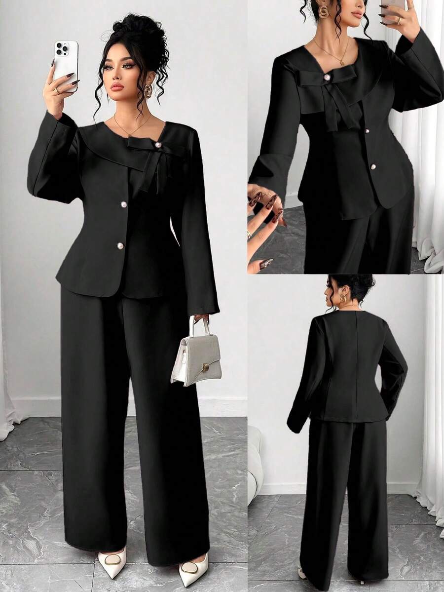 Elenzga Bộ đồ nữ cỡ lớn, quần dài dáng chữ A cài nút thắt nơ ở eo và áo khoác blazer màu đen, bộ váy áo công sở thường ngày, bộ đồ 2 mảnh cho nữ, bộ đồ nữ thanh lịch, bộ quần áo nữ sang trọng - màu đen - Xem 1