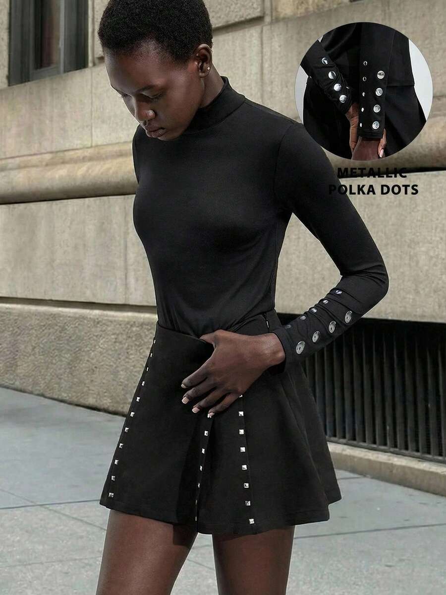 Maija 女士纯色立领长袖纽扣修身休闲T恤，黑色，适合圣诞节、感恩节、万圣节等场合穿着；黑色哥特风上衣，舒适保暖，适合秋冬季节；波点高弹力时尚系列