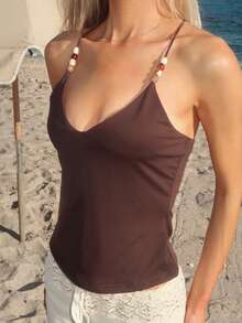 Sydney Algeri Áo tank top hai dây màu nâu đính hạt cườm cho nữ, áo hai dây ôm sát gợi cảm kiểu retro mùa hè, áo không tay cho kỳ nghỉ đi biển. - Cà phê nâu - Xem 3