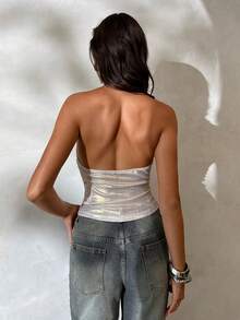 Aloruh 女士优雅性感时尚休闲通勤约会亮面垂褶领T恤，夏季 - 銀色 - 查看 3