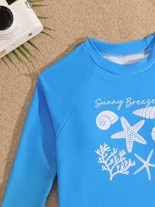 SHEIN New Fashion Girls Long Sleeve Printed Bikini Set Tween Swimsuit Rashguard Girls 7 8 Long Sleeve Bikini Girls Rash Guard 2 Piece Girl Swim Long Sleeves Set Tween Long Sleeve Swim Top Girls Long Sleeve Bikini Swimsuits For Teen Girls Long Sleeve Uv Protection Swimwear Girl Girls Swim Rashguard Tween Swim Shirt Tween Bathing Suit Long Sleeve - Blue - View 5