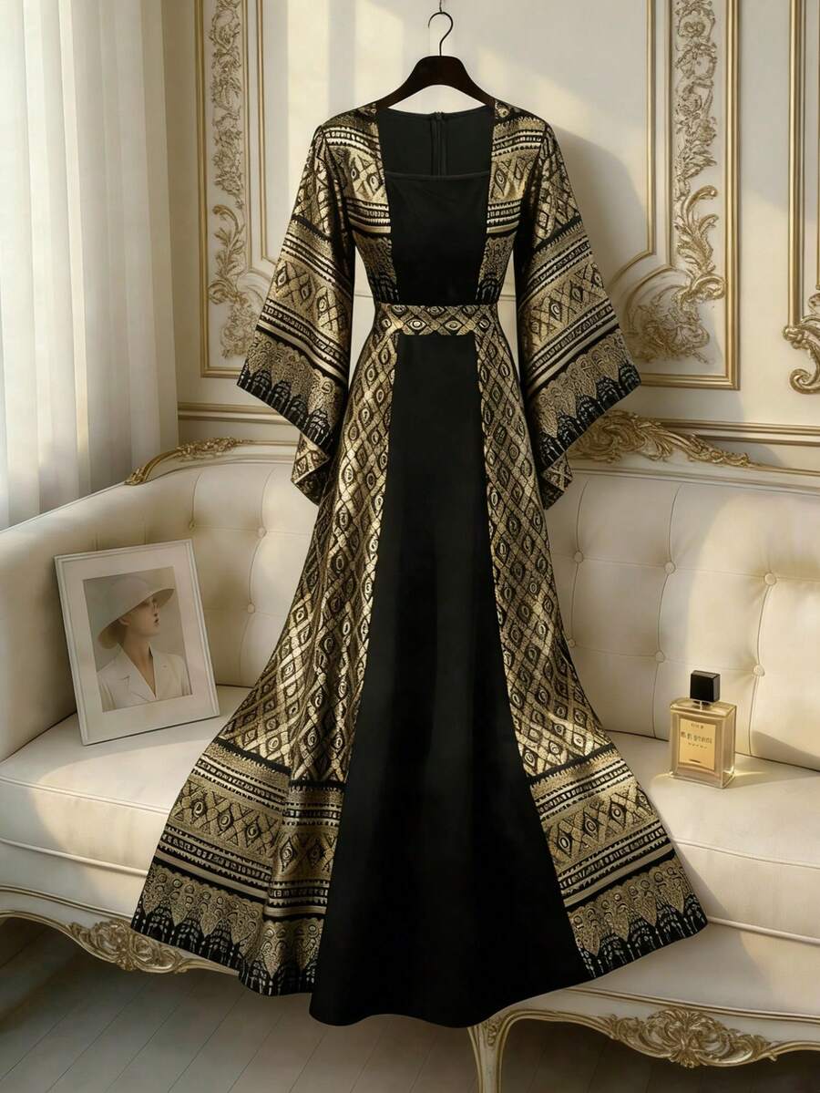 Franclia Đầm dài nữ mới, cổ vuông, tay rộng, thắt eo, phối họa tiết. - Đen và vàng - Xem 1