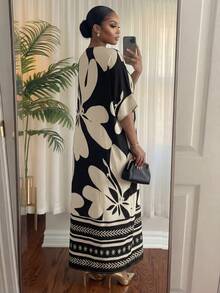 SHEIN Lady 大码夏季休闲度假印花V领宽松连衣裙 - 黑與白 - 查看 3