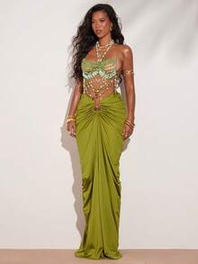 SHEIN BAE 性感绿色串珠金属装饰百褶裙，女神风沙滩裙，适合海滩度假、海滩派对、夜店、约会之夜 - 綠色 - 查看 3