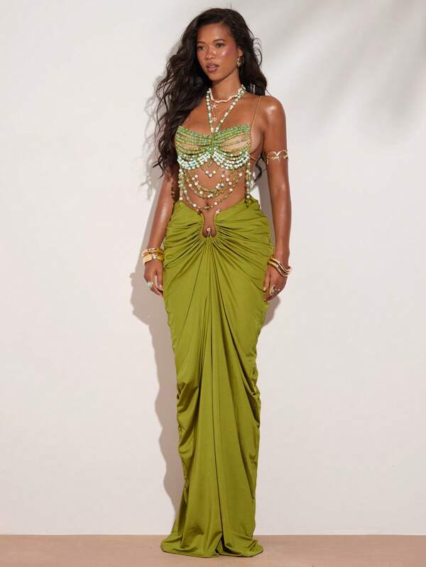 SHEIN BAE Sexy Green Beaded Metal Decor Pleated Skirt, Goddess Style Beach Skirt Suitable For Beach Holiday, Beach Party, Club, Date Night