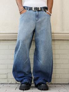 Manfinity EMRG Men's Casual Loose Fit Distressed Flared Leg Blue Jeans - Dark Wash - View 8
