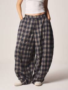 MISSGUIDED Wide Leg Plaid Balloon Pants High Rise Loose Fit Casual Trousers With Side Pockets Fall Winter - Multicolor - View 1