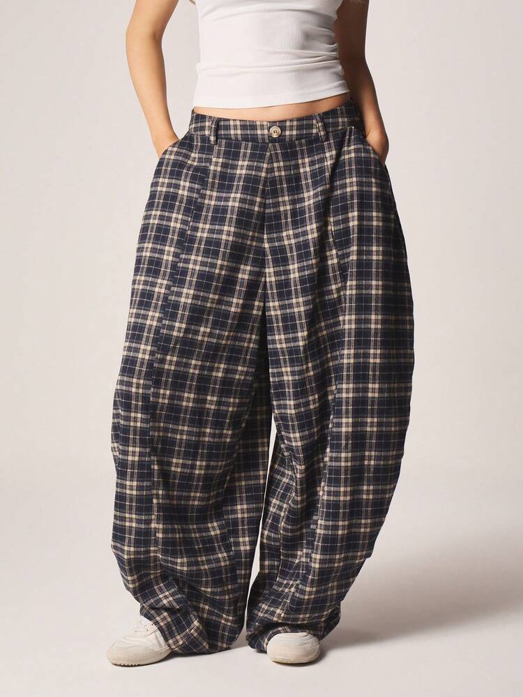 MISSGUIDED チェック柄ワイドレッグバルーンパンツ ハイライズ ルーズフィット カジュアルパンツ サイドポケット 秋冬