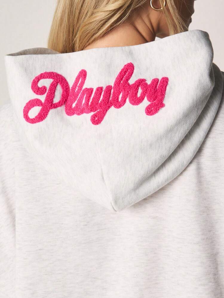 Missguided x Playboy Oversized Applique Hoodie With 1959 Colorful Letter Patches And Pink Script Embroidery Casual Pullover Sweatshirt