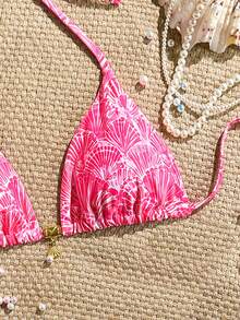 Swim Mod Random Gold Shell Print Halter Bikini Top, Sexy Swimwear Top For Summer Vacation - Pink - View 3