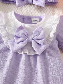 SHEIN Newborn Baby Pink Dress & Bow Headband Set, Cute Princess Style Lilac Baby Dress Baby Bow Dress Baby Purple Dress Baby Girl Dress Lavender Baby Girl Dress - Purple - View 5