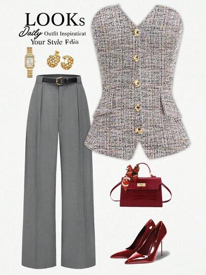 Ellevyn Camiseta ajustada de mujer con estampado de cuadros y cierre de metal de una sola hilera, adecuada para el trabajo y el transporte