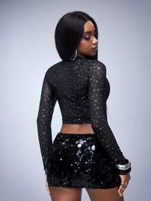 Y2Kool Women's Metallic Silver Foil Polka Dot Print Fitted Long Sleeve T-Shirt, Suitable For Parties, Halloween, Y2K Streetwear, Autumn/Winter Casual Stylish Clothing Collection New Year Outfits Gyaru Graphic Tops Black Tops - Black - View 2