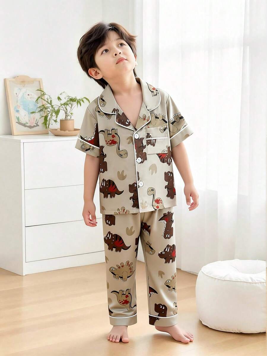 Conjunto de 2 piezas de cardigan de manga corta y pantalones con estampado de dinosaurio lindo para niño pequeño, ropa de estar en casa informal - Multicolor - Ver 1