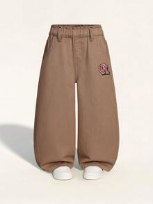 SHEIN Casuvi Kids 女童休闲波西米亚风假日平底阔腿牛仔裤，日常穿搭棕色裤子，可爱女童宽松裤，5岁 - 駝色 - 查看 3