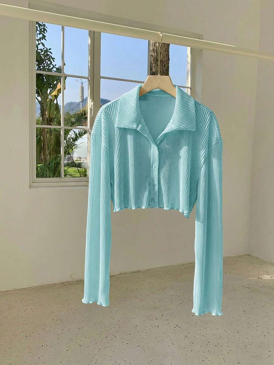 Comfortcana Damen Mintblau Kurze Rüschen Saum Langarm Bluse, Frühling/Sommer - Lichtblau - Übersicht 1