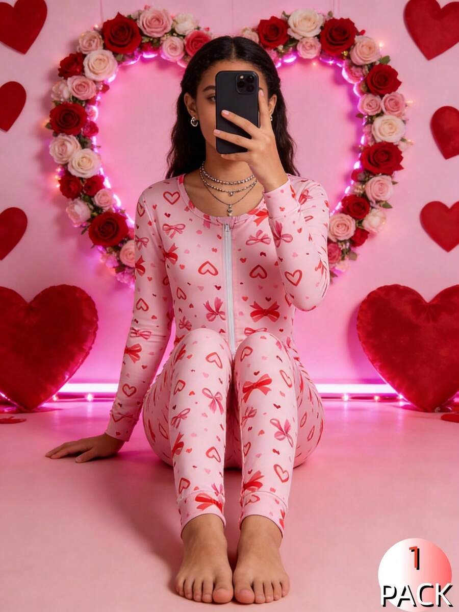 Bộ áo liền quần dài tay ôm sát cho bé gái, có nơ và họa tiết trái tim, khóa kéo, thích hợp mặc ở nhà. - Nhiều màu - Xem 1