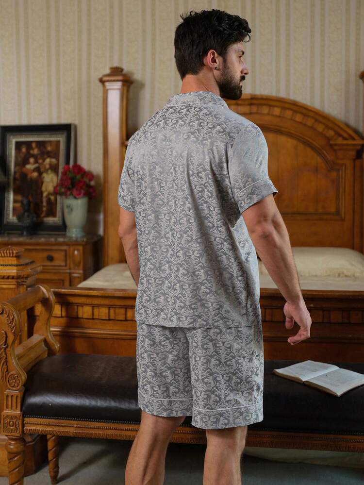 Men's Floral Print Short Sleeve Top And Shorts Pajama Set, Summer