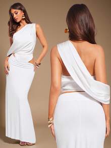 Radiana Elegant White Woven Sleeveless Top With Asymmetrical Neck And Ruched Detail For Women - White - View 7