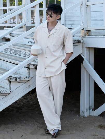 DAZY Men's Solid Color Khaki Short Sleeve Shirt With Pants Suit, Summer