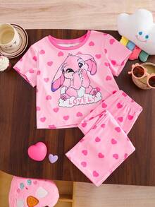 SHEIN Set de 2 piezas de pijama con camiseta de cuello redondo y pantalones con estampado de animales lindos para niña - Blanco y Negro - Ver 4