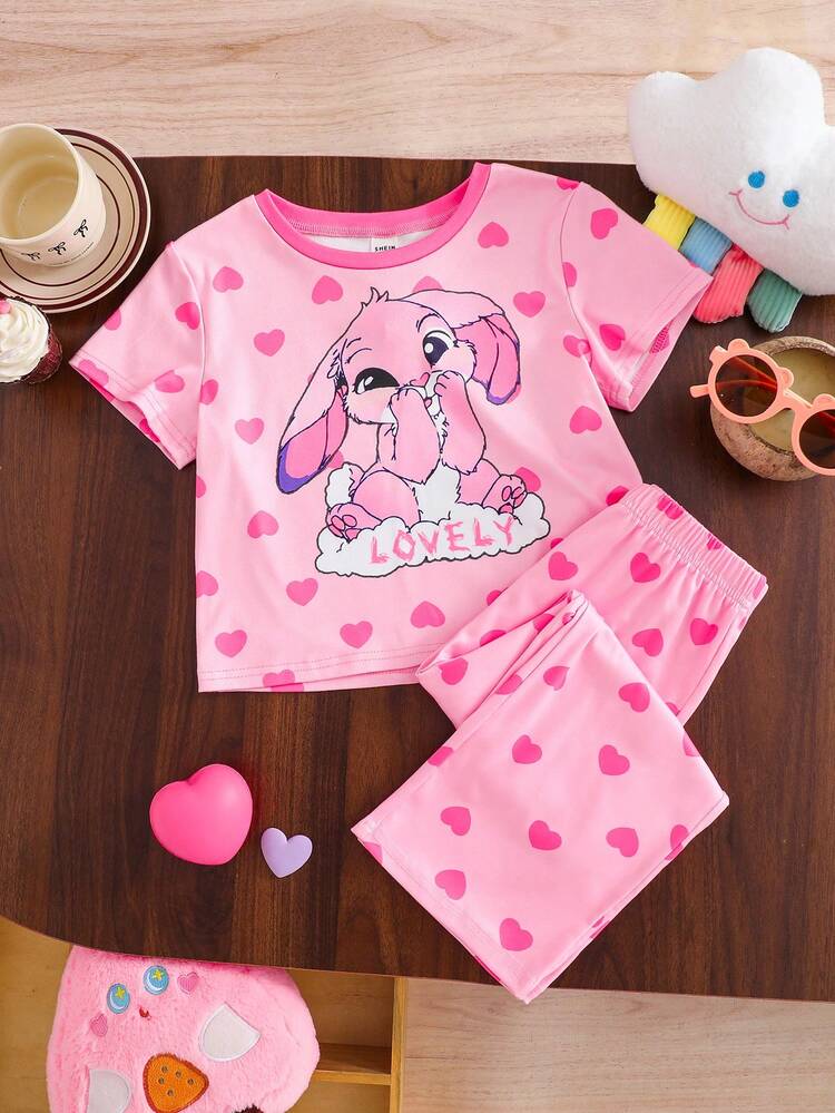 SHEIN 2件套 女童可爱动物图案针织圆领T恤和裤子睡衣套装 - 黑與白 - 查看 4