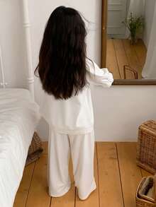 DAZY Young Girl Floral Embroidery Round Neck Mid-Sleeve Top And Wide-Leg Pants Casual Loungewear Set - White - View 5