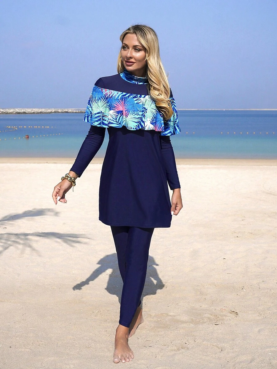 Swim Mulvari 三件套：热带树叶印花和纯色无袖背心、长袖荷叶边沙滩裙、蓝色打底裤、优雅修身女士泳装 - 藍色 - 查看 1