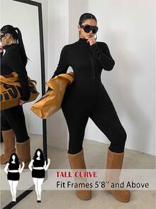 SHEIN Tall CURVE 加大码高个女式黑色连体裤，长袖，前拉链，收腰，修身剪裁，适合高个身材，加大码裤子 - 黑色 - 查看 1