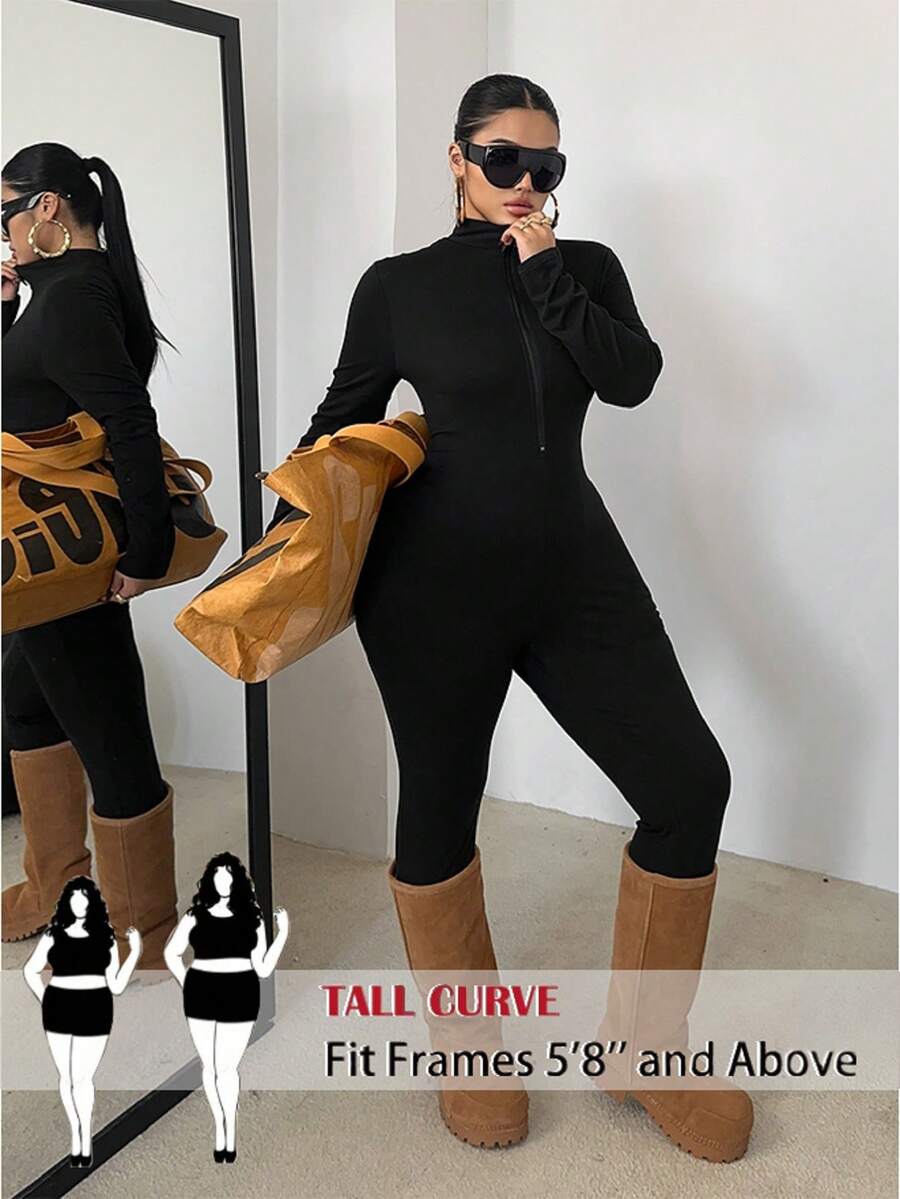 SHEIN Tall CURVE 加大码高个女式黑色连体裤，长袖，前拉链，收腰，修身剪裁，适合高个身材，加大码裤子 - 黑色 - 查看 1
