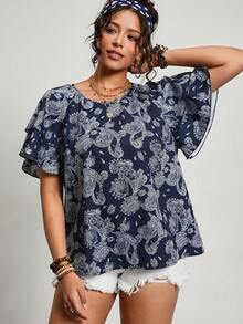 Freevana Áo kiểu dáng rộng rãi, tay bồng in họa tiết Paisley dành cho nữ cỡ lớn, phong cách mùa hè, đi nghỉ mát, lễ hội, ngày Valentine. - Màu xanh hải quân - Xem 3