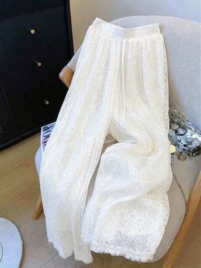 GlowEve Women's Lace Fabric Drawstring Waist Pants, Suitable For Holiday, School, Party, Airport, Stage And Concert Wear