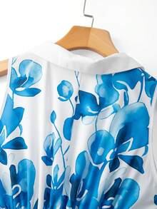 GlowEve Women's White And Blue Floral Sleeveless Deep V-Neck Contrast Color Lapel Wrap Waist Flared Maxi Dress,Summer Elegant Wedding Guest Resort Style - Multicolor - View 4