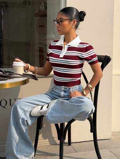 Muchica Casual Blouses For Women Striped Knit Bodycon Short Sleeve Sweater