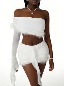Amplova Conjunto de 2 piezas para mujer, top corto de un hombro de manga larga con textura esponjosa y minifalda ajustada con volantes, todo blanco, ropa de fiesta, otoño, estilo años 70, cumpleaños, Y2K - Blanco - Ver 7