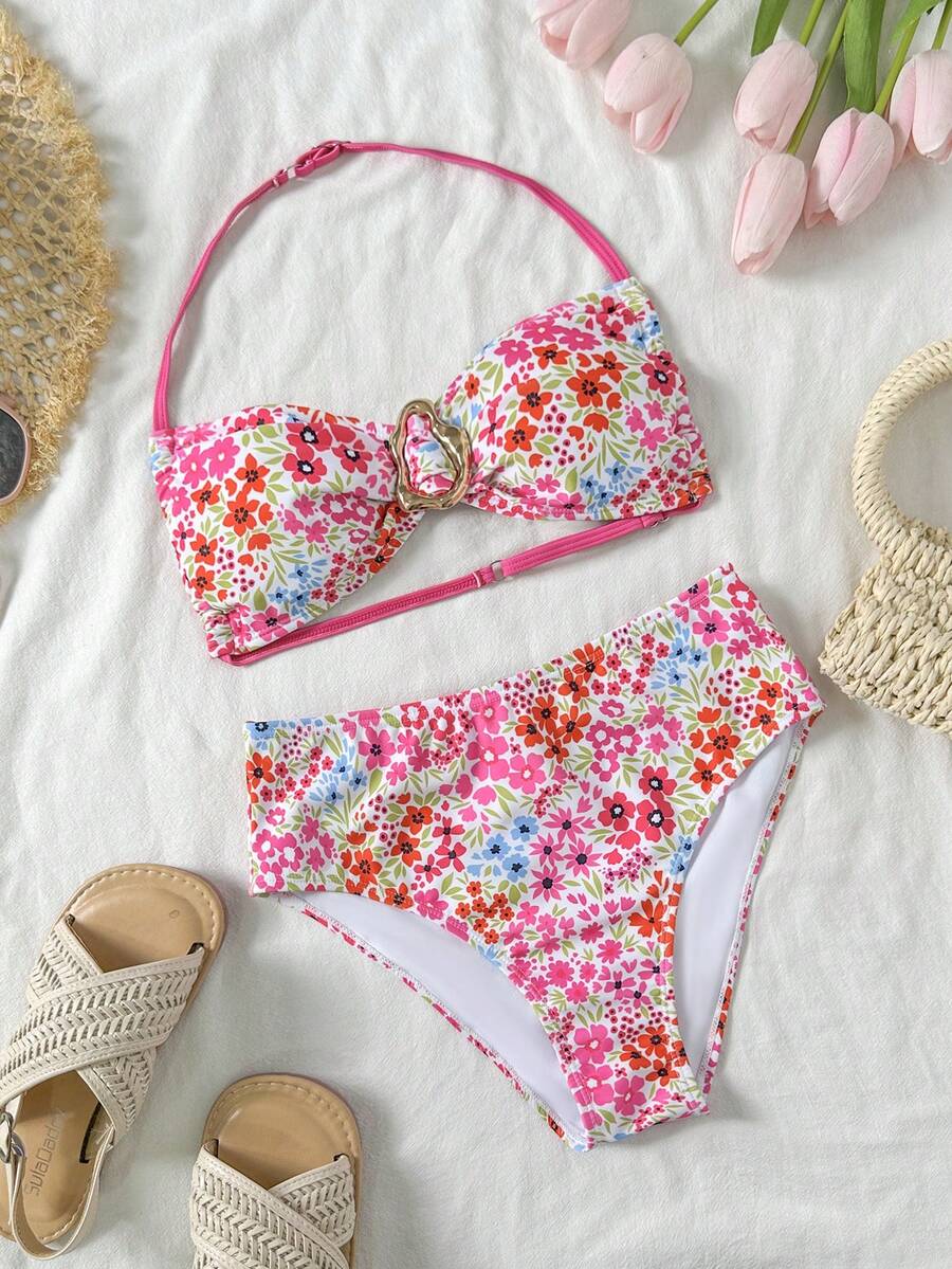 SHEIN Áo hai dây bikini họa tiết hoa nhí cho bé gái tuổi teen, thích hợp cho kỳ nghỉ hè ở bãi biển, với khóa kim loại trang trí. - Nhiều màu - Xem 1