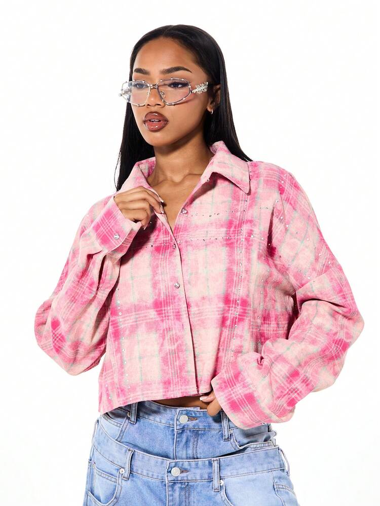 SUMWON WOMEN Pink Tie Dye Collared Crop Blouse With Rhinestones