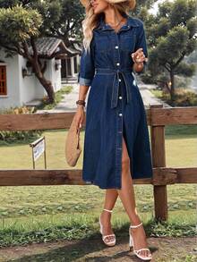 Breezaya 女士休闲度假风卷袖系带牛仔衬衫裙，适合春秋季日常通勤 - 深色水洗藍 - 查看 5